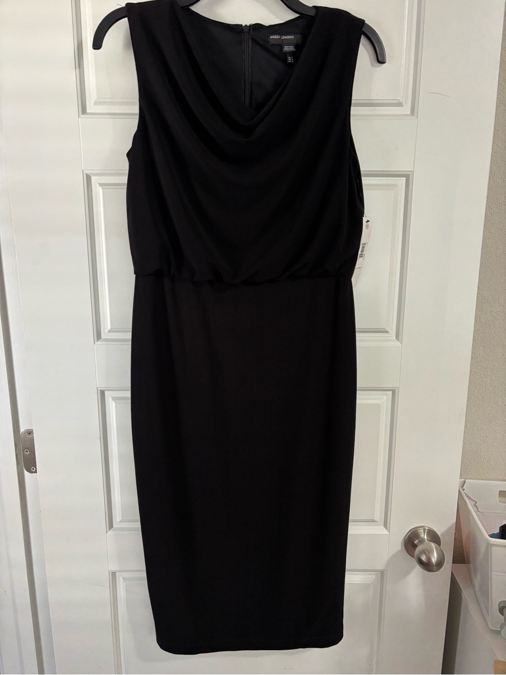 NWT Maggy London Black Draped-Neck Midi Sheath Dress